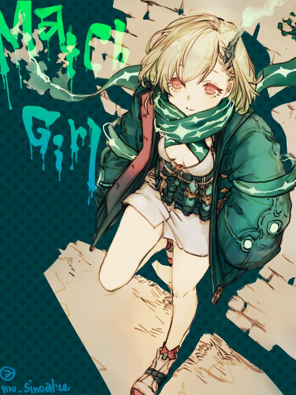 1girl breasts cleavage closed_mouth from_above full_body graffiti green_hair green_jacket hair_between_eyes hands_in_pockets horns jacket leaning_back little_match_girl_(sinoalice) looking_at_viewer looking_up mu_sinoalice red_eyes red_legwear scarf shoes short_hair single_horn sinoalice smile sneakers solo standing standing_on_one_leg white_shoes