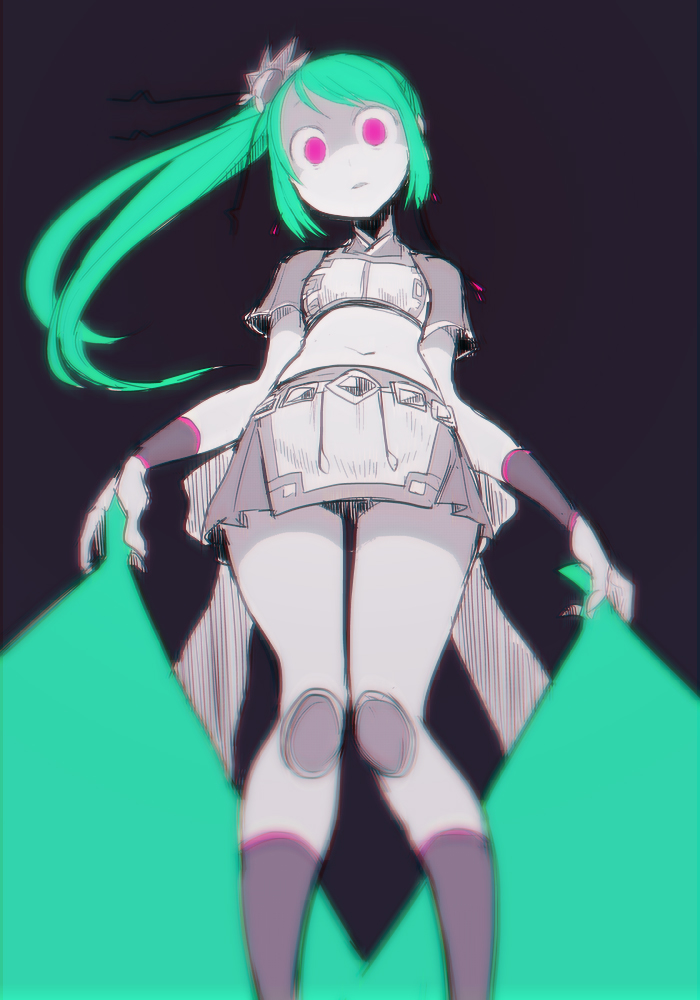 1girl black_background cropped_shirt dark_persona dual_wielding expressionless feet_out_of_frame glowing green_hair hand_fan holding holding_fan holding_weapon ken_(koala) limited_palette long_hair looking_at_viewer magia_record:_mahou_shoujo_madoka_magica_gaiden magical_girl mahou_shoujo_madoka_magica navel official_alternate_costume pink_eyes shaded_face short_sleeves side_ponytail skirt solo standing uwasa_no_tsuruno weapon yui_tsuruno