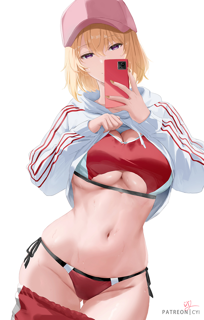 1girl baseball_cap bikini blonde_hair breasts cha_hae-in cyicheng hat holding holding_phone hood hood_down hoodie large_breasts lifting_own_clothes looking_at_viewer navel paid_reward_available patreon_username phone pink_hat purple_eyes red_bikini selfie short_hair side-tie_bikini_bottom simple_background solo solo_leveling sweat swimsuit underboob white_background white_hoodie