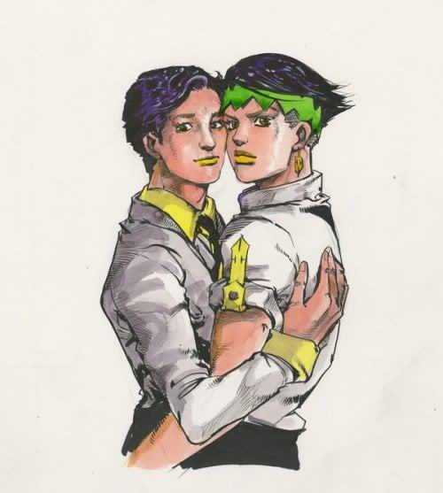 2boys araki_hirohiko araki_hirohiko_(person) black_hair black_necktie collared_shirt diamond_wa_kudakenai earrings green_headband headband high_collar hug jewelry jojo_no_kimyou_na_bouken kishibe_rohan long_sleeves multiple_boys necktie shirt short_hair short_sleeves white_background white_shirt yellow_shirt