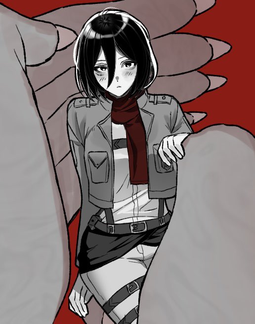 1boy 1girl alternate_form belt belt_buckle black_hair blush buckle closed_mouth cowboy_shot eren_yeager giant giant_male gomamorii hair_between_eyes in_palm jacket long_sleeves looking_at_viewer medium_hair mikasa_ackerman open_clothes open_jacket pants paradis_military_uniform pov pov_hands red_background red_scarf scarf shingeki_no_kyojin skirt suspenders thigh_strap transformation