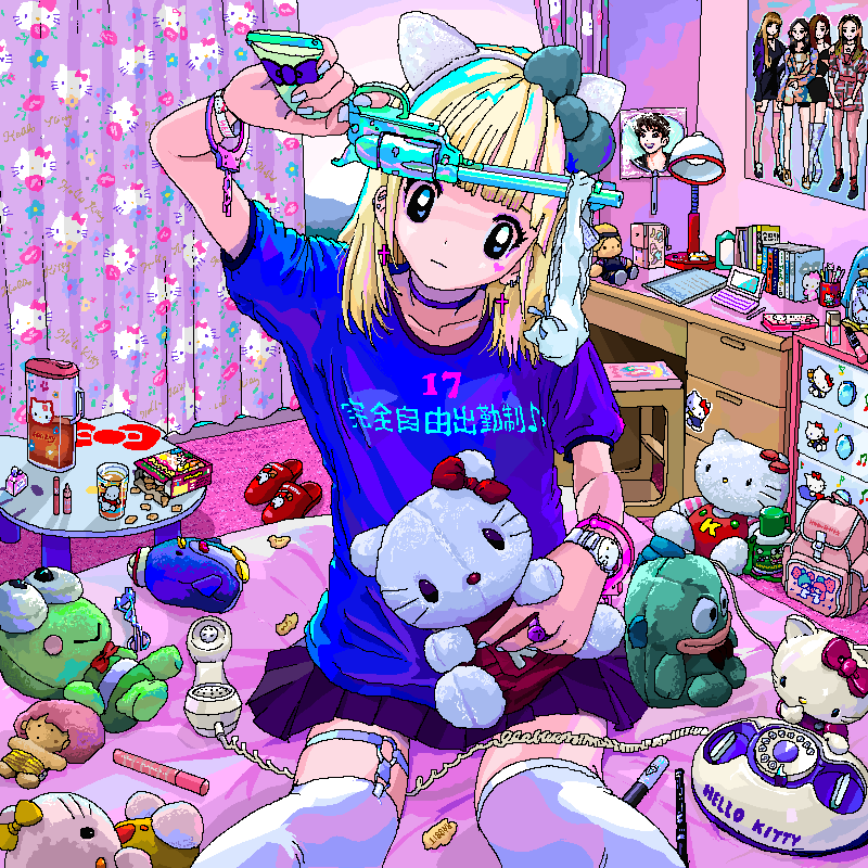 1girl absurdly_detailed_composition ace_akira animal_ears backpack bag bedroom blonde_hair character_doll character_request colorful commentary_request copyright_request desk doll fake_animal_ears goropikadon gun hangyodon heisei_retro hello_kitty hello_kitty_(character) holding holding_gun holding_weapon jaggy_lines kero_kero_keroppi keropii kiki_(little_twin_stars) lala_(little_twin_stars) little_twin_stars messy_room mimmy_(hello_kitty) object_request oekaki on_bed original otaku otaku_room phone pochacco poster_(object) sanrio sitting skirt solo stuffed_animal stuffed_toy thighhighs translation_request tuxedo_sam weapon zettai_ryouiki