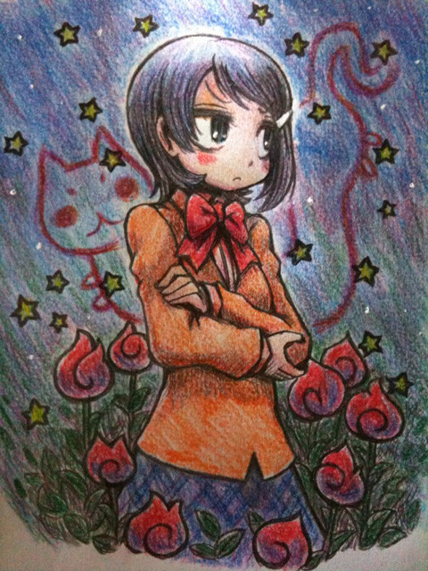 1girl :3 black_eyes black_hair blazer blush bow bowtie cat flower frown hair_ornament hairclip idolmaster idolmaster_dearly_stars jacket looking_to_the_side mizutani_eri photo_(medium) red_bow red_bowtie riyo_(lyomsnpmp) short_hair skirt solo star_(sky) traditional_media upper_body