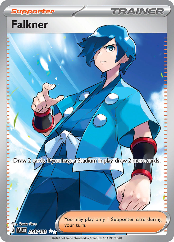1boy artist_name blue_eyes blue_hair blue_jacket blue_pants blue_shirt blue_sky card_(medium) character_name closed_mouth cloud company_name copyright_name copyright_notice day english_text falkner_(pokemon) fuse_ryuuta hair_over_one_eye jacket male_focus nintendo official_art open_clothes open_jacket outdoors pants pokemon pokemon_card pokemon_hgss pokemon_tcg shirt short_hair sky solo standing third-party_source trading_card v-shaped_eyebrows