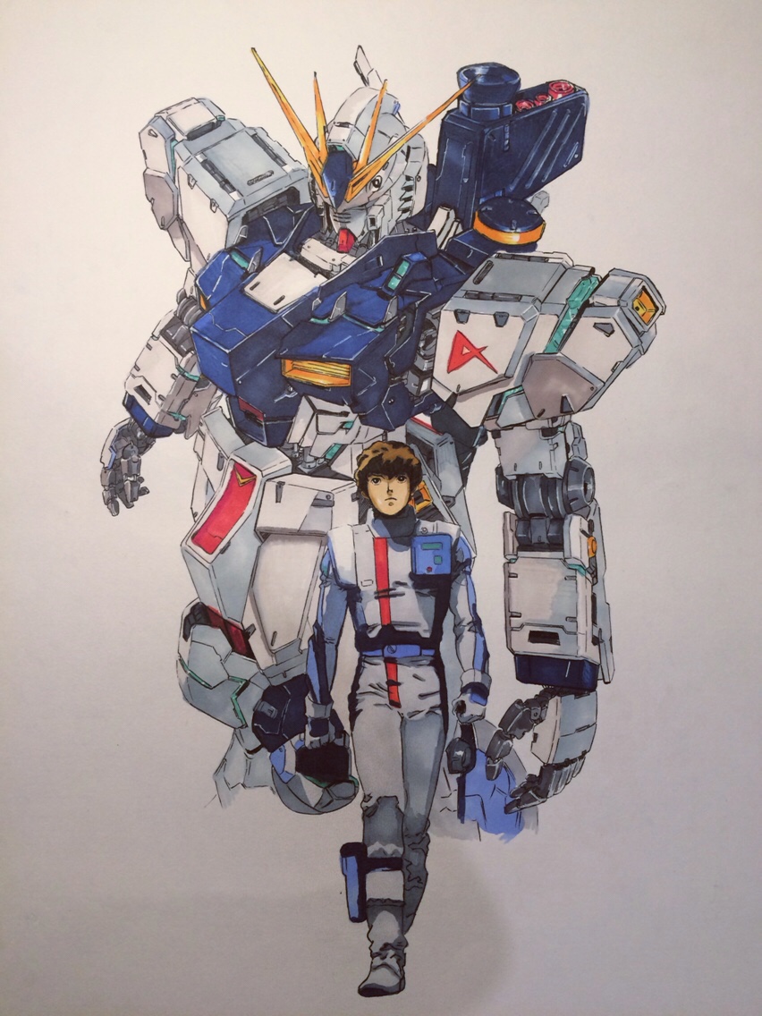 1980s_(style) 1boy amuro_ray ankle_holster bazooka_(gundam) boots brown_hair char&#039;s_counterattack gradient_background gundam helmet holding holding_helmet machinery marker_(medium) mecha mecha_pilot_suit mobile_suit nu_gundam oldschool retro_artstyle robot scan science_fiction steven_(sz0097) traditional_media v-fin walking walking_towards_viewer