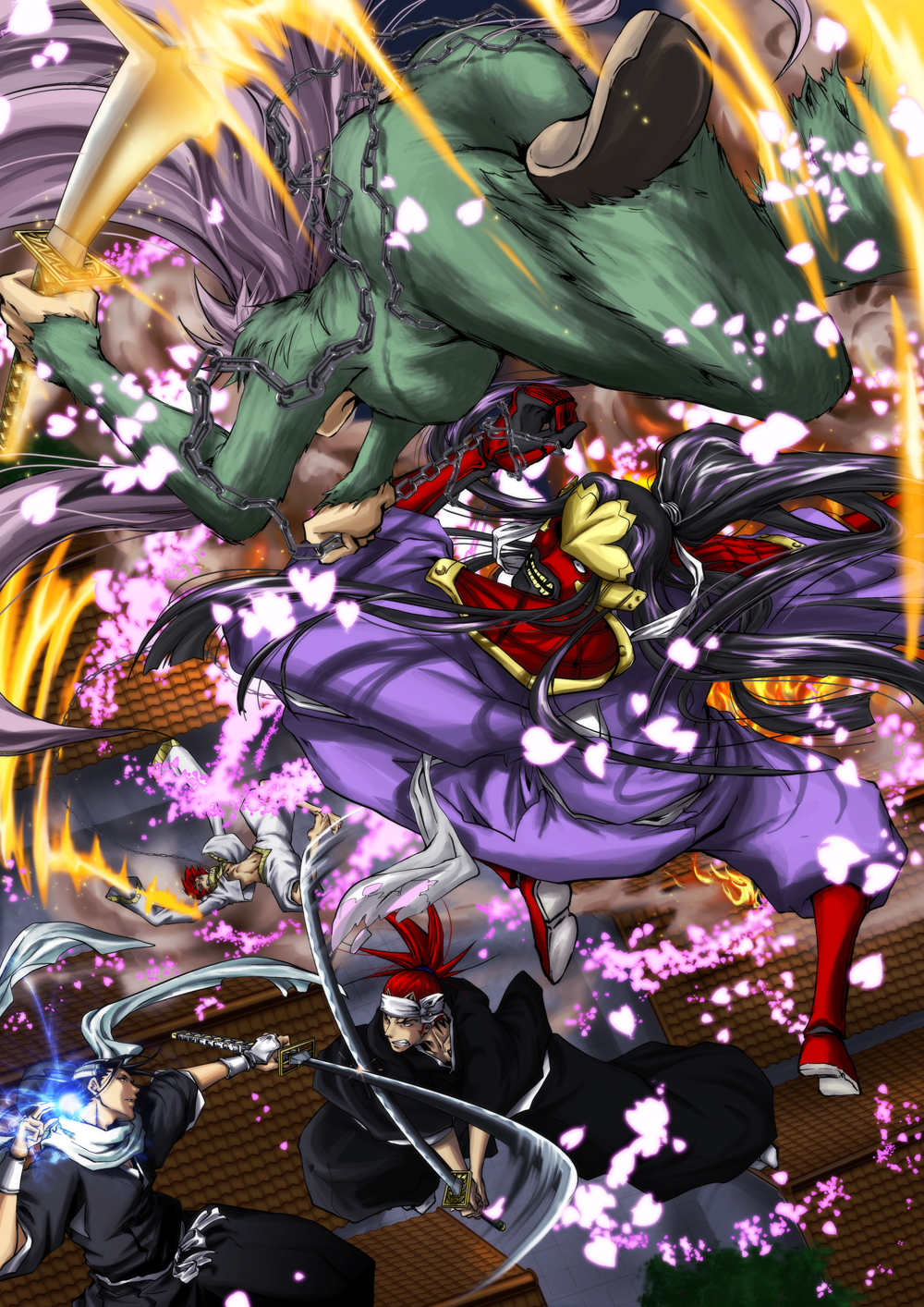 2boys abarai_renji bad_id bad_pixiv_id battle black_hair bleach bleach:_zanpakutou_ibun_hen chair cherry_blossoms fire fur hair_ornament highres kuchiki_byakuya lightning long_hair multiple_boys purple_hair red_hair senbonzakura sword tattoo tokoma_makoto very_long_hair weapon zabimaru