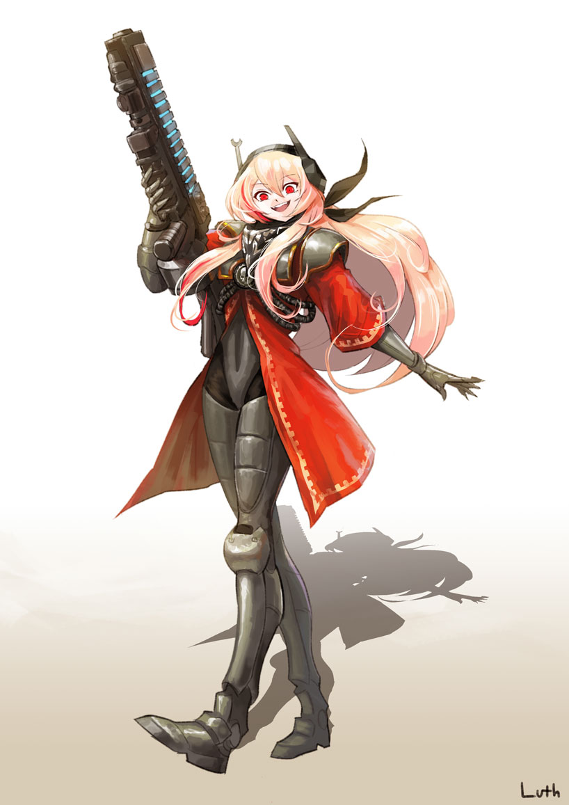 1girl adeptus_mechanicus boots commission directed-energy_weapon energy energy_gun energy_weapon female_focus gauntlets girls&#039;_frontline glowing happy headset lutherniel m4_sopmod_ii_(girls&#039;_frontline) pink_hair plasma_gun plasma_rifle red_eyes shadow skitarii solo warhammer_40k weapon