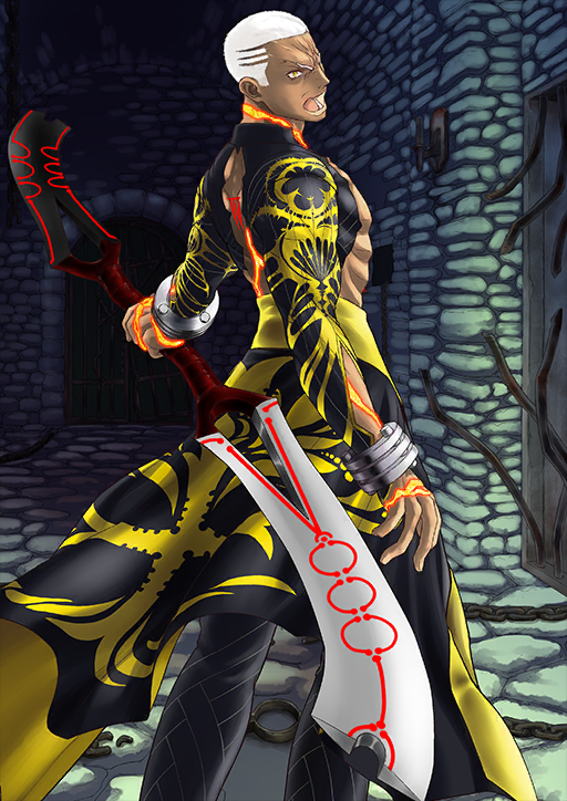 1boy arm_at_side bangle black_cape black_jacket black_pants bracelet buzz_cut cape chain cropped_jacket cuffs dark-skinned_male dark_skin double_blade emiya_alter fate/grand_order fate_(series) feet_out_of_frame from_behind glowing_scar holding holding_sword holding_weapon jacket jewelry kanshou_&amp;_bakuya_(fate) legs_apart long_sleeves looking_at_viewer looking_back lower_teeth_only male_focus multiple_scars no_shirt official_alternate_skin_color official_art open_mouth outstretched_arm pants roman_numeral sasaki_shounen scar scar_on_arm scar_on_back scar_on_neck second-party_edit shackles short_hair short_sideburns shouting solo standing sword teeth third-party_source toned toned_male v-shaped_eyebrows variant_set very_short_hair waist_cape weapon yellow_eyes