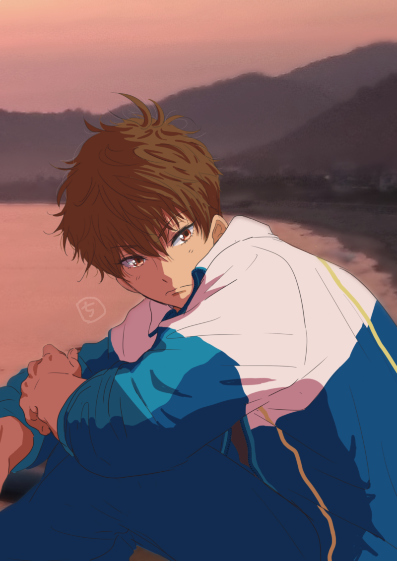 1boy brown_hair chiha_runba high_speed! kirishima_natsuya male_focus red_eyes short_hair sitting