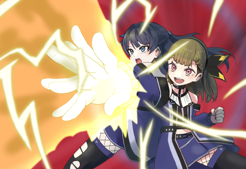 2girls :d ampere_(love_live!) attack back-to-back bare_shoulders black_thighhighs blue_coat blue_eyes blue_hair blue_skirt braid brown_hair center-flap_bangs clenched_hand coat coco_apollon combined_attack commentary_request cowboy_shot electricity electrokinesis fishnet_pantyhose fishnets gemini_spark_(mega_man) half_updo kachimachi_kosuzu link!_like!_love_live! long_hair love_live! mega_man_(series) mega_man_star_force_(series) miniskirt multiple_girls murano_sayaka off-shoulder_coat off_shoulder official_alternate_costume open_clothes open_coat open_mouth pantyhose parody pink_eyes pleated_skirt pun red_background side_braids skirt smile thighhighs torn_clothes torn_thighhighs v-shaped_eyebrows virtual_youtuber