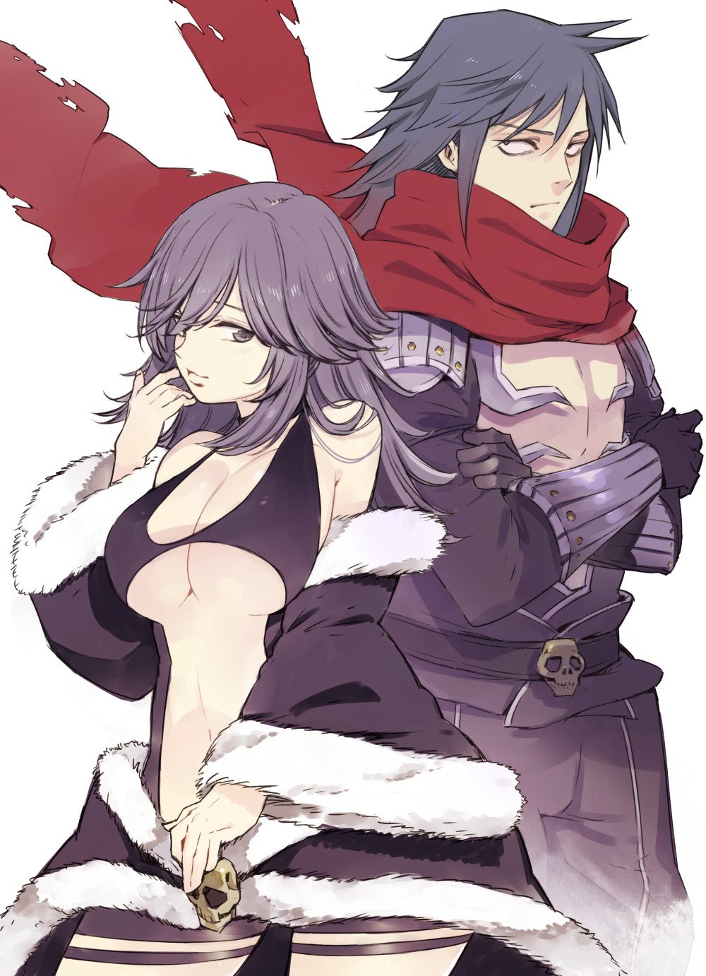 1boy 1girl armor assassin_cross_(ragnarok_online) bags_under_eyes black_pants black_shirt black_shorts black_sleeves black_tank_top blue_hair breasts cleavage closed_mouth clothing_cutout commentary_request cowboy_shot crossed_arms detached_sleeves eremes_guile frown fur-trimmed_sleeves fur_trim gertie_wie highres large_breasts long_hair looking_at_viewer miya9 pants pauldrons purple_eyes purple_hair ragnarok_online red_scarf scarf shirt short_shorts shorts shoulder_armor simple_background skull smile stalker_(ragnarok_online) stomach_cutout tank_top torn_clothes torn_scarf underboob white_background