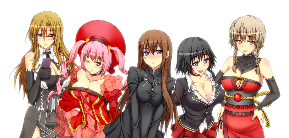5girls akiha_rumiho amane_suzuha angelos_armas another_blood another_blood_(cosplay) bare_shoulders black_hair blue_eyes blush braid breasts brown_hair cellphone choker cleavage company_connection cosplay demonbane detached_sleeves dress elbow_gloves faris_nyannyan glasses gloves henri henri_(cosplay) ignis_(cosplay) ignis_(jingai_makyou) jingai_makyou kiryuu_moeka large_breasts long_hair makise_kurisu medium_breasts multiple_girls nitroplus phone pink_eyes pink_hair sandaime_muramasa_(cosplay) sansei_muramasa sansei_muramasa_(cosplay) shiina_mayuri short_hair simple_background soukou_akki_muramasa spica_(cosplay) spica_(sumaga) steins;gate sumaga surume_(clavis) twintails