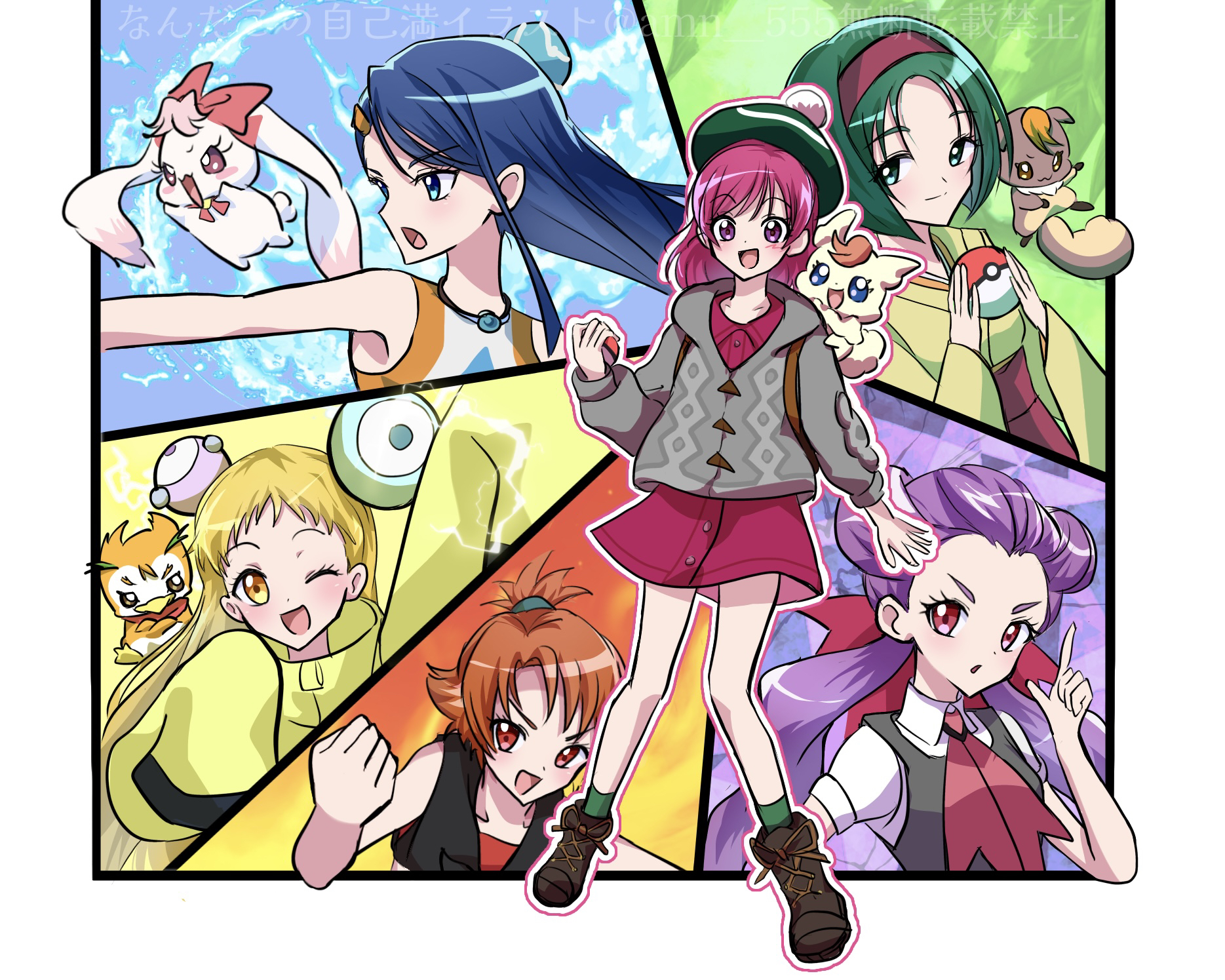 3boys 6+girls akimoto_komachi amagan_ruruboshi beret black_vest blonde_hair blue_eyes blue_hair blush boots brown_footwear brown_hair closed_mouth coco_(yes!_precure_5) cosplay creature crop_top dress dress_shirt electricity erika_(pokemon) erika_(pokemon)_(cosplay) fairy fire flannery_(pokemon) flannery_(pokemon)_(cosplay) game_freak green_eyes green_hair green_hat green_kimono green_socks grey_hoodie hair_ribbon hairband hakama hat highres holding holding_poke_ball hood hoodie iono_(pokemon) iono_(pokemon)_(cosplay) japanese_clothes jewelry kasugano_urara_(yes!_precure_5) kimono leaf long_hair long_sleeves medium_hair milk_(yes!_precure_5) mimino_kurumi minazuki_karen multicolored_shirt multiple_boys multiple_girls natsuki_rin necklace necktie nessa_(pokemon) nessa_(pokemon)_(cosplay) nintendo nuts_(yes!_precure_5) one_eye_closed open_mouth parody pink_dress pink_eyes pink_hair poke_ball pokemon pokemon_lgpe pokemon_oras pokemon_sv pokemon_swsh precure purple_hair red_eyes red_hairband red_hakama red_necktie red_ribbon red_sports_bra ribbon roxanne_(pokemon) roxanne_(pokemon)_(cosplay) shirt short_hair short_sleeves smile socks sports_bra syrup_(yes!_precure_5) vest water white_shirt yellow_eyes yellow_hoodie yes!_precure_5 yes!_precure_5_gogo! yumehara_nozomi