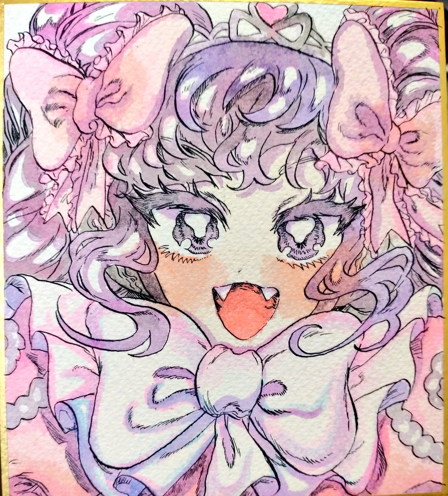 1girl blush bow bowtie fangs floating_hair gaaruru_(pripara) gradient_hair hair_bow large_bow long_hair looking_at_viewer multicolored_hair multiple_hair_bows open_mouth pink_bow portrait pretty_series pripara purple_eyes purple_hair shikishi sidelocks smile solo thick_eyelashes tiara traditional_media twintails wavy_eyes white_bow white_bowtie yoshitaka_garasu