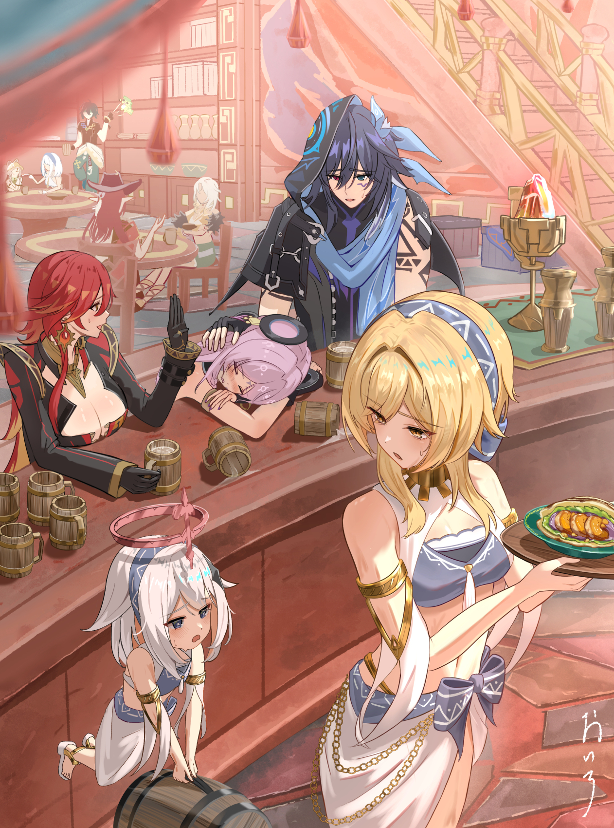 2boys 6+girls ajaw_(genshin_impact) alcohol animal_ears arm_tattoo armlet bare_shoulders barrel bat_ears beer_mug biker_clothes bikesuit black_bodysuit black_gloves black_hood black_shirt blonde_hair blue_eyes blue_hairband blue_scarf blush bodysuit bow breasts chair chasca_(genshin_impact) chinchilla_girl citlali_(genshin_impact) cleavage closed_eyes closed_mouth commentary_request counter cowboy_hat crossed_arms crystal_hair_ornament cup curtains drunk earrings fingerless_gloves floating floating_headgear food from_above genshin_impact gloves grandmother_and_grandson green_hairband green_headband green_pants hair_intakes hairband halo hat head_down headband headgear heterochromia highres holding holding_tray indoors jaguar_ears jaguar_girl jewelry kachina_(genshin_impact) kinich_(genshin_impact) large_breasts long_hair lumine_(genshin_impact) mavuika_(genshin_impact) mualani_(genshin_impact) mug multiple_boys multiple_girls navel oiro_ik open_mouth orange_eyes ororon_(genshin_impact) paimon_(genshin_impact) pants parted_bangs pink_hair plate pointy_ears purple_eyes red_bow red_hair ring_hair_ornament scarf shelf shirt shorts sitting slice_of_life stairs stomach sun_earrings table tattoo tray white_hair xilonen_(genshin_impact)