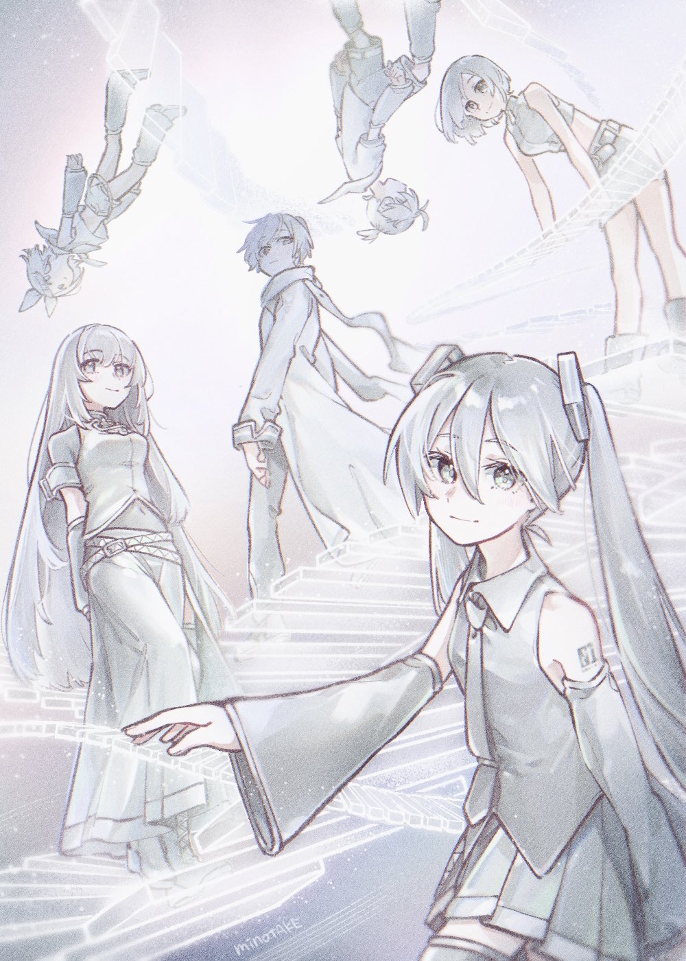 2boys 4girls arm_tattoo breasts closed_mouth commentary_request detached_sleeves grey_eyes grey_hair grey_necktie grey_scarf grey_shirt grey_skirt grey_sleeves grey_theme hair_between_eyes hatsune_miku highres kagamine_len kagamine_rin kaito_(vocaloid) limited_palette long_sleeves megurine_luka meiko_(vocaloid) mi_no_take multiple_boys multiple_girls navel necktie number_tattoo pleated_skirt scarf shirt skirt stairs tattoo twintails vocaloid