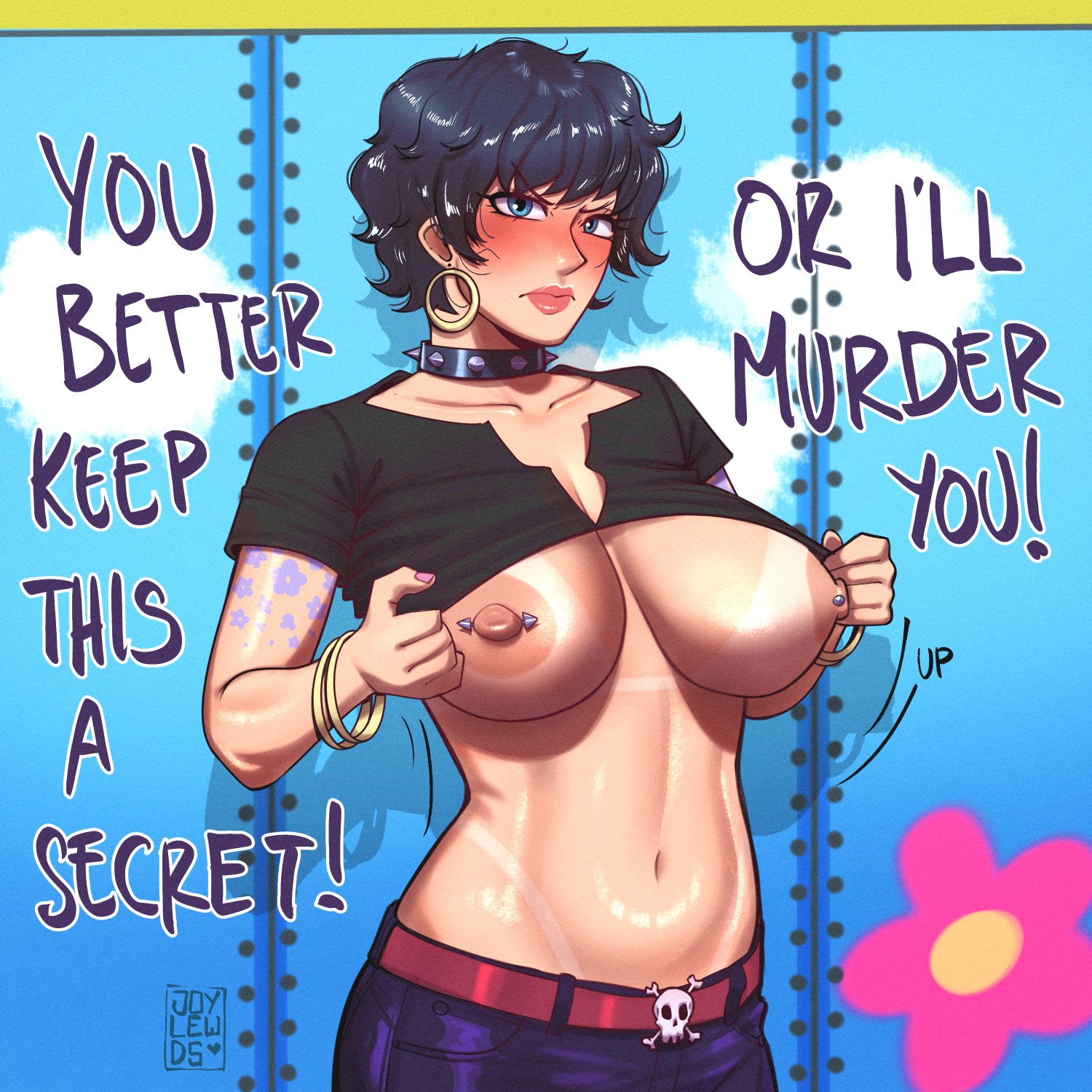 blush breasts clothes_lift doll_(one_piece) exposing_self highres huge_breasts joylewds large_areolae large_breasts large_nipples nipple_piercing nipples one_piece piercing shirt_lift shirt_lifted_by_self tagme tan tanline