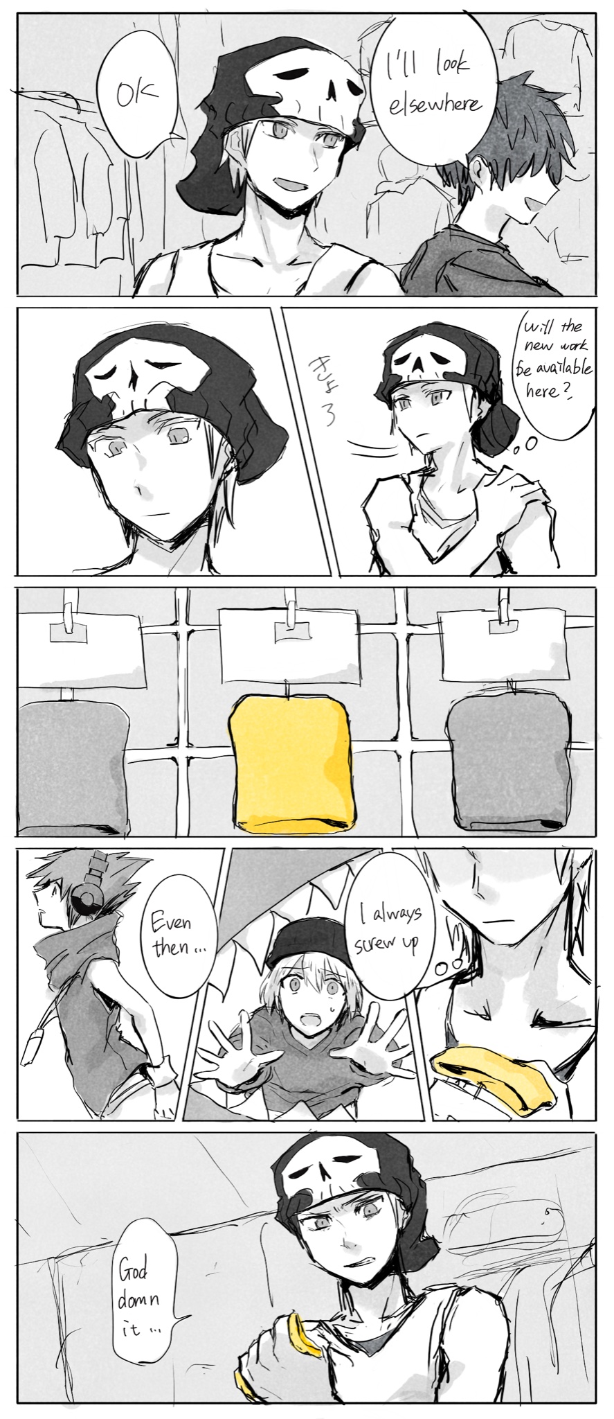 1girl 2boy beanie bito_daisukenojo bito_raimu comic english_text hand_on_shoulder hat headphones high_collar highres open_mouth sakuraba_neku shirt skull_print sleeveless sleeveless_shirt speech_bubble spiked_hair subarashiki_kono_sekai upper_body