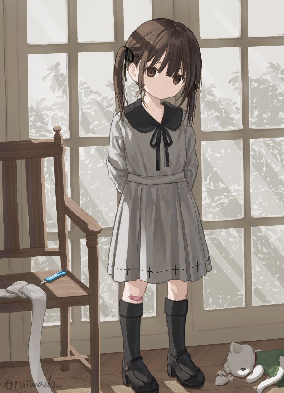 1girl arms_behind_back bandaid bandaid_on_leg black_footwear black_ribbon black_socks boxcutter brown_eyes brown_hair child closed_mouth collared_dress dot_nose dress expressionless head_tilt highres indoors kneehighs looking_at_viewer original ribbon ruimado sidelocks socks solo stuffed_animal stuffed_toy twintails twitter_username window wooden_chair