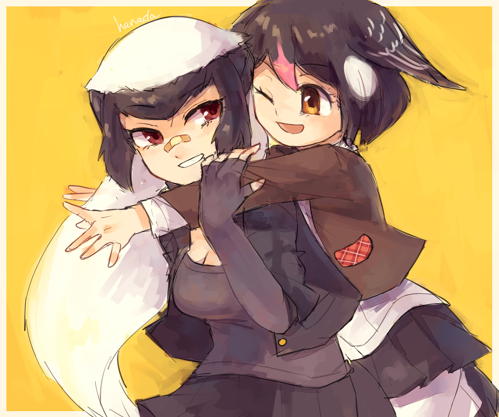 10s 2girls ;d animal_ears artist_name badger_ears bandaid bandaid_on_face bandaid_on_nose behind_another bird_wings black_hair black_jacket black_skirt breasts brown_eyes brown_jacket buttons camisole chin_rest cleavage commentary_request friends from_side greater_honeyguide_(kemono_friends) hanada_(cobalt003) hand_up hands_up happy head_on_head head_rest head_wings ratel_(kemono_friends) hug hug_from_behind jacket kemono_friends long_hair long_sleeves looking_at_another looking_back miniskirt multicolored_hair multiple_girls one_eye_closed open_clothes open_jacket open_mouth orange_eyes outstretched_arms outstretched_hand pink_hair plaid shirt short_sleeves simple_background sketch skirt smile spread_fingers two-tone_hair unbuttoned upper_body very_long_hair white_hair white_shirt wings yellow_background