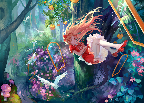 1girl apple ask_(askzy) blonde_hair blue_eyes dress flower food fruit high_heels long_hair mirror original pink_flower red_dress red_shoes shoes socks white_socks