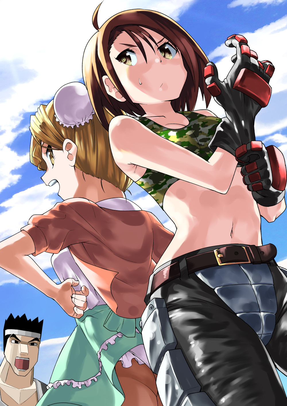 1boy 2girls ass black_hair blonde_hair breasts brown_eyes brown_hair bun_cover character_request closed_mouth cloud crossover dress from_below gloves highres justice_gakuen kazama_akira multiple_girls name_connection open_mouth short_hair smile sweatdrop toku_sonchou upskirt virtua_fighter yuki_akira