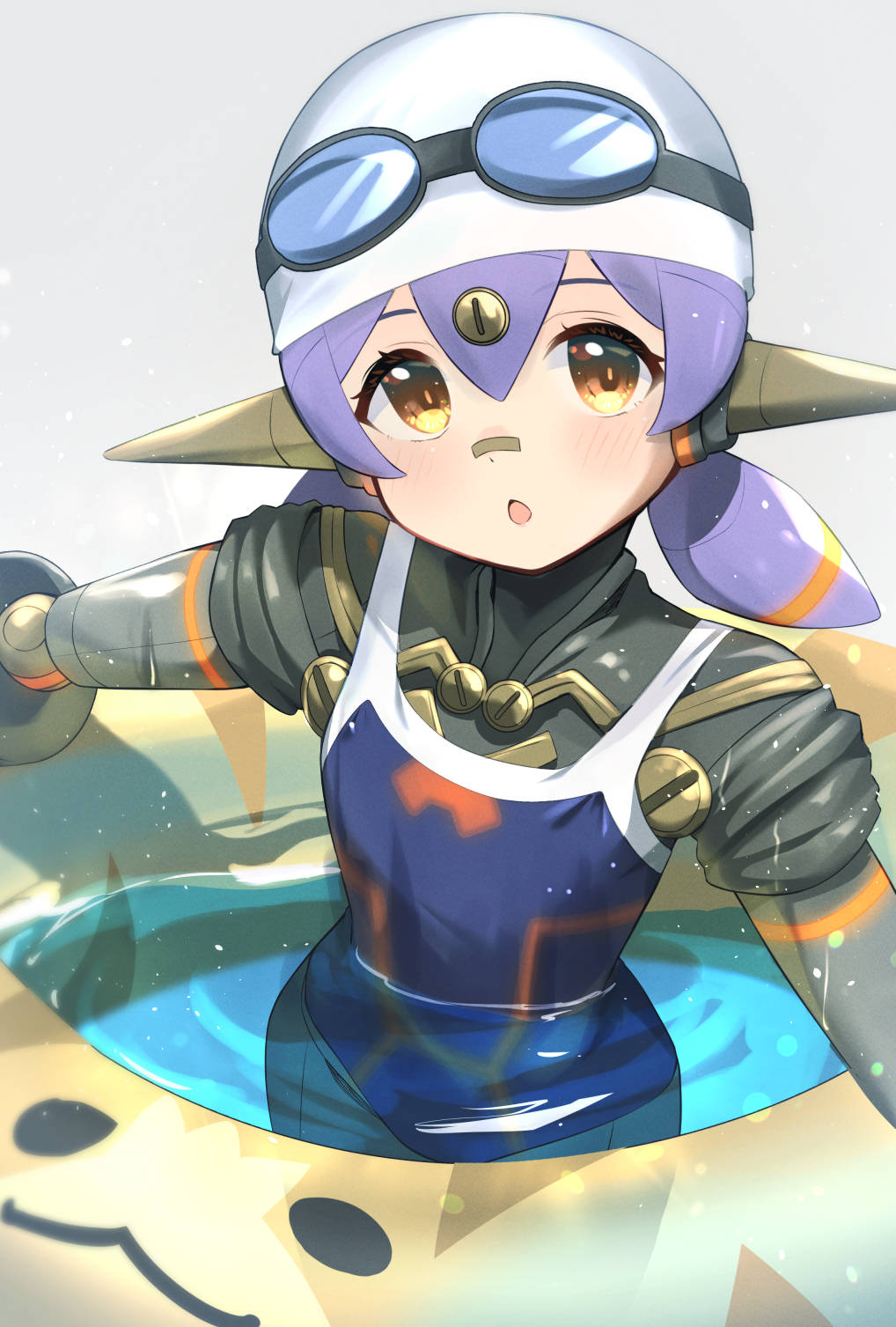 1girl android blue_one-piece_swimsuit blush chestnut_mouth commentary_request goggles goggles_on_head grey_background hat highres innertube looking_at_viewer low_twintails meyamu one-piece_swimsuit parted_lips partially_submerged poppi_(xenoblade) poppi_alpha_(swim_lesson)_(xenoblade) poppi_alpha_(xenoblade) purple_hair simple_background solo swim_cap swim_ring swimsuit twintails water white_hat xenoblade_chronicles_(series) xenoblade_chronicles_2