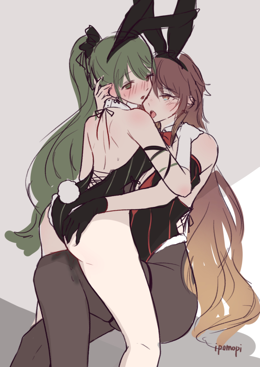 2girls aketa_mikoto animal_ear_hairband animal_ears bare_legs black_leotard black_pantyhose blush brown_eyes brown_hair commentary_request elbow_gloves fake_animal_ears fake_tail gloves grabbing_another&#039;s_ass green_eyes green_hair groping hairband hand_on_another&#039;s_shoulder idolmaster idolmaster_shiny_colors ipomopi leotard long_hair multiple_girls nanakusa_nichika open_mouth pantyhose playboy_bunny ponytail pussy_juice_stain rabbit_ears rabbit_tail strapless strapless_leotard tail tongue tongue_out very_long_hair white_gloves yuri