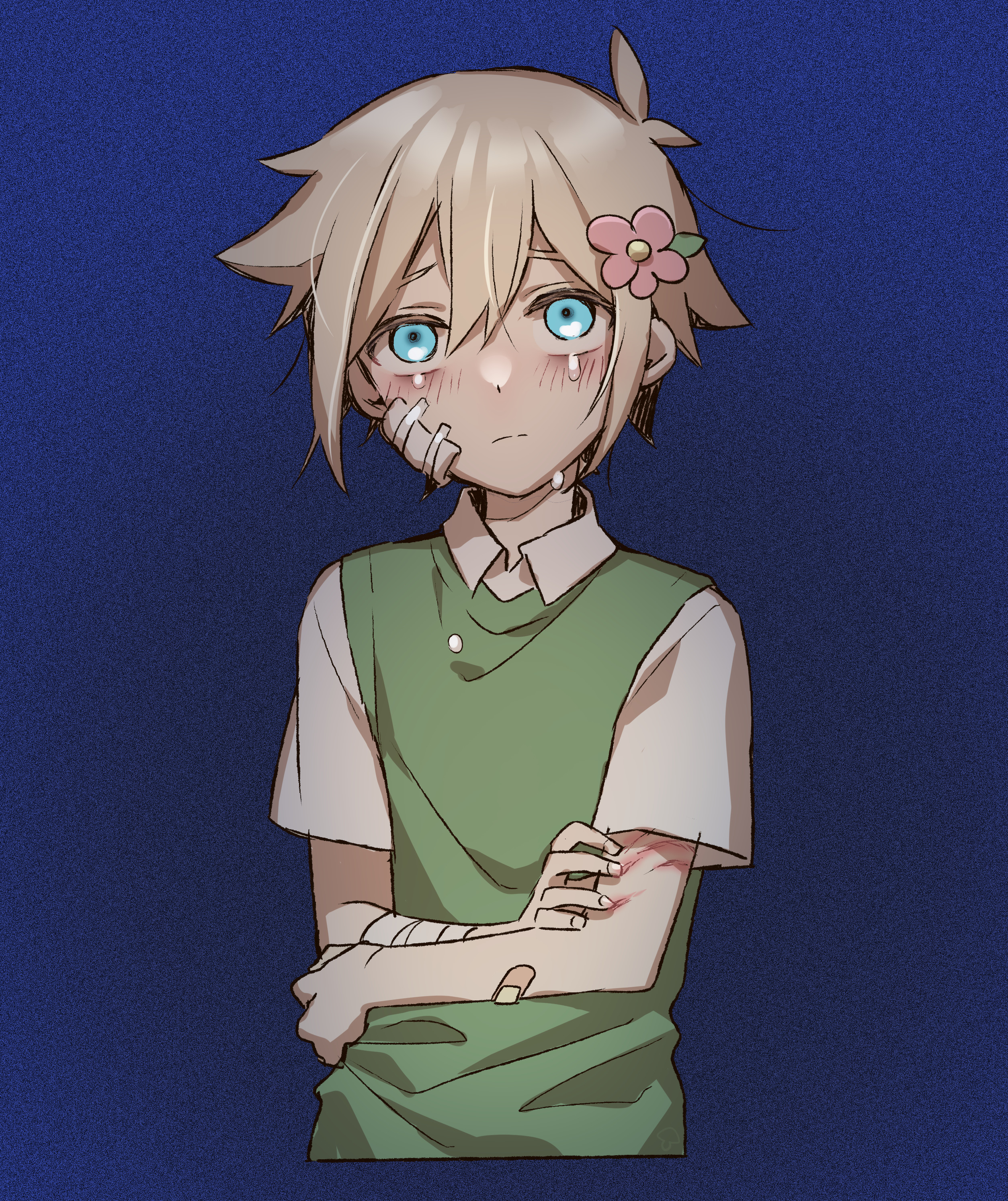 1boy absurdres antenna_hair bags_under_eyes bandaged_arm bandages bandaid bandaid_on_arm basil_(faraway)_(omori) basil_(omori) blue_background blush closed_mouth collared_shirt cropped_torso crying crying_with_eyes_open double-parted_bangs eyebrows_hidden_by_hair film_grain flower frown gauze gauze_on_cheek green_sweater_vest hair_between_eyes hair_flower hair_ornament hand_on_own_arm highres injury leaf looking_at_viewer male_focus manimarough omori pink_flower raised_inner_eyebrows scar shirt short_hair short_sleeves simple_background solo sweater_vest tears upturned_eyes white_shirt