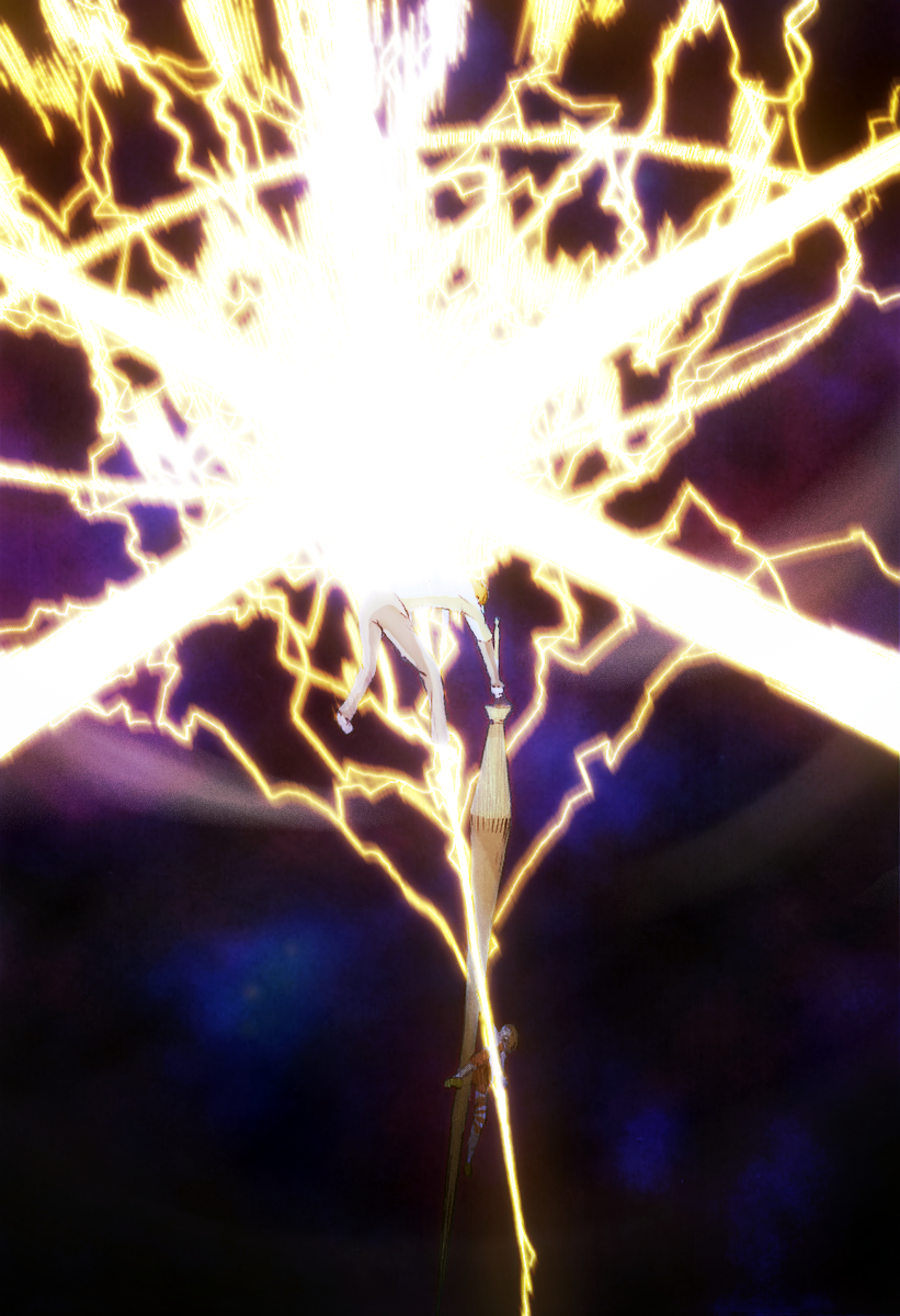 1boy 1girl acqua_of_the_back action attack battle brown_hair colorized electricity energy explosion fantasy gazing_eye glowing haimura_kiyotaka highres holding holding_lance holding_polearm holding_spear holding_weapon huge_weapon itsuwa lance long_sleeves looking_at_another looking_up magic night novel_illustration official_art outdoors polearm spear toaru_majutsu_no_index toaru_majutsu_no_index:_old_testament weapon