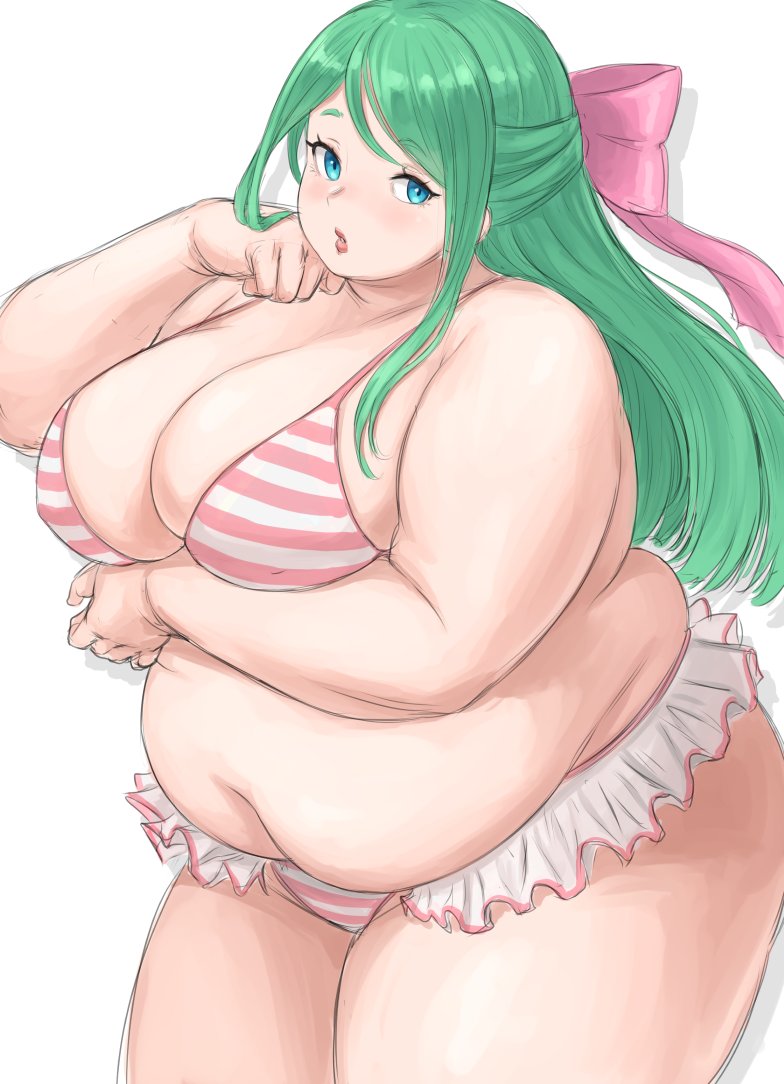 1girl arm_under_breasts belly benpai bikini blue_eyes blush bow breasts cleavage fat fat_woman frilled_bikini frills from_side green_hair hair_bow large_breasts lips long_hair navel original pink_bikini pink_bow solo standing striped_bikini striped_clothes swimsuit thick_arms thick_thighs thighs white_background white_bikini