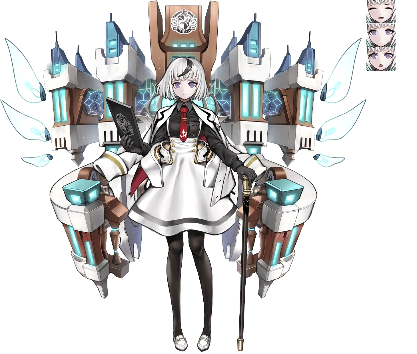 1girl black_gloves black_hair black_leggings book building cane capelet closed_eyes closed_mouth crossover danganronpa:_trigger_happy_havoc danganronpa_(series) dress eyebrows eyelashes facial_expressions female_focus formal_clothes gloves highres hime_cut holding holding_book hope's_peak_academy humanization kibogamine_gakuen leggings logo looking_at_viewer multicolored_hair necktie official_art open_mouth oshiro_project:re purple_eyes school solo solo_focus suit tagme transparent_background white_capelet white_dress white_footwear white_hair