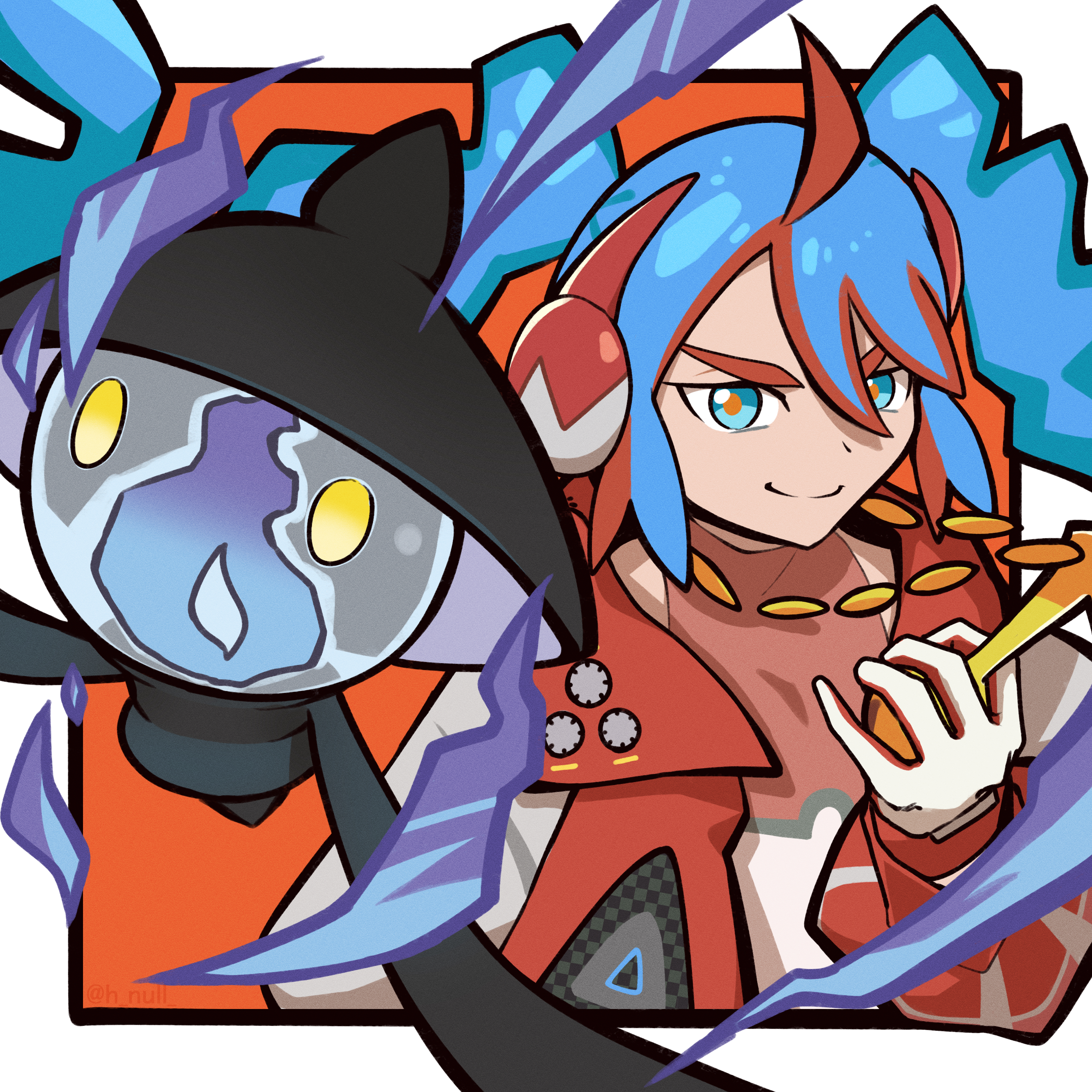 absurdres ahoge aqua_eyes aqua_hair closed_mouth commentary_request fire fire_miku_(project_voltage) gen_5_pokemon h_null hatsune_miku highres holding jacket jewelry lampent long_hair multicolored_hair necklace nintendo open_clothes open_jacket pokemon pokemon_(creature) project_voltage purple_fire red_hair red_jacket red_pupils smile twintails two-tone_hair v-shaped_eyebrows vocaloid yellow_eyes
