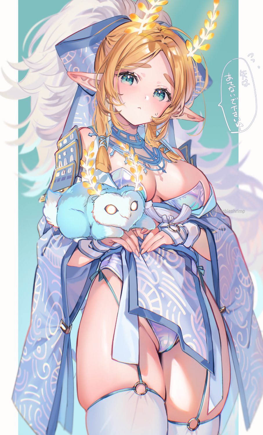 1girl alternate_costume alternate_hairstyle blonde_hair blupee breasts cameltoe green_eyes highres jewelry leotard long_hair mystic_set_(zelda) nintendo parted_bangs pointy_ears princess_zelda shuri_(84k) sidelocks solo the_legend_of_zelda the_legend_of_zelda:_tears_of_the_kingdom thick_thighs thighhighs thighs