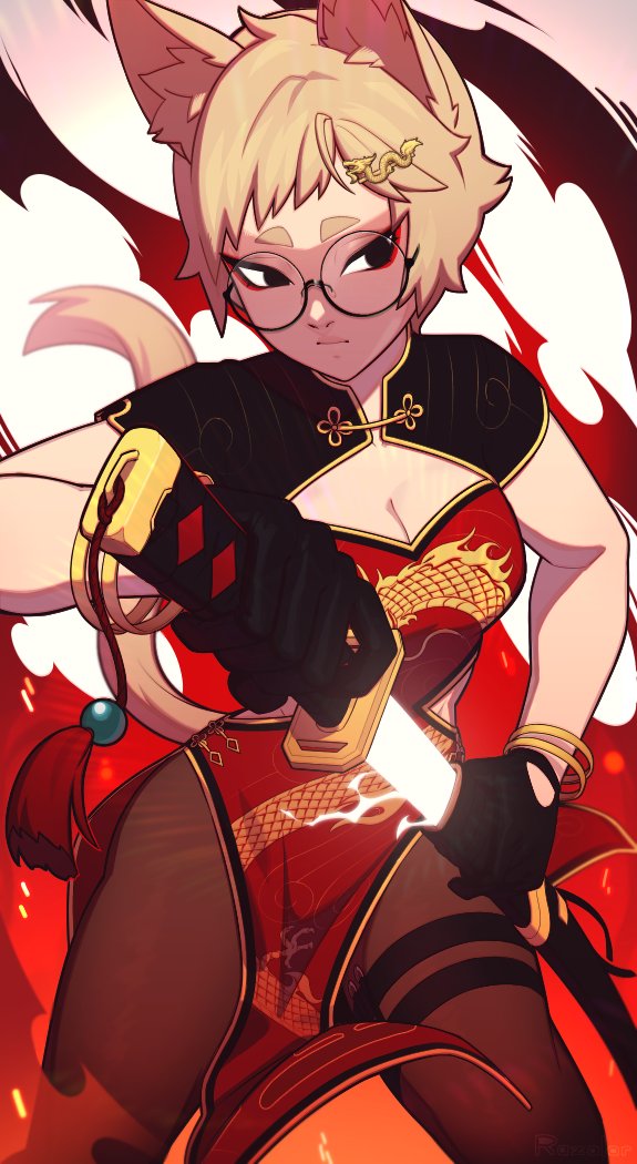 1girl animal_ear_fluff animal_ears black_eyes black_gloves blonde_hair breasts cat_ears cat_girl cat_tail china_dress chinese_clothes cleavage cleavage_cutout clothing_cutout commentary dragon_hair_ornament dragon_print dress english_commentary expressionless eyeliner gloves glowing glowing_sword glowing_weapon hair_ornament iradel_gensei katana makeup medium_breasts original pantyhose pelvic_curtain razalor red_eyeliner round_eyewear semi-rimless_eyewear sheath short_hair sideways_glance solo sword tail thick_eyebrows unsheathing weapon