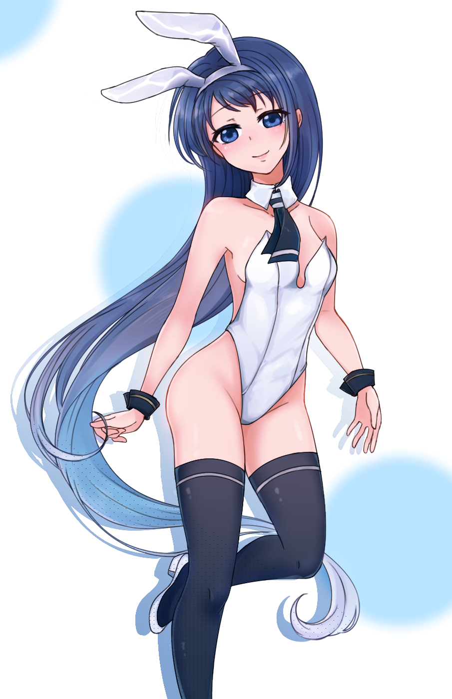 1girl alternate_costume animal_ears black_neckerchief black_thighhighs blue_eyes blue_hair breasts detached_collar fake_animal_ears gradient_hair hairband highres kantai_collection leotard long_hair multicolored_hair neckerchief playboy_bunny rabbit_ears samidare_(kancolle) small_breasts solo strapless strapless_leotard swept_bangs thighhighs very_long_hair white_hairband white_leotard wrist_cuffs yukai_(xiaoyu13298276)