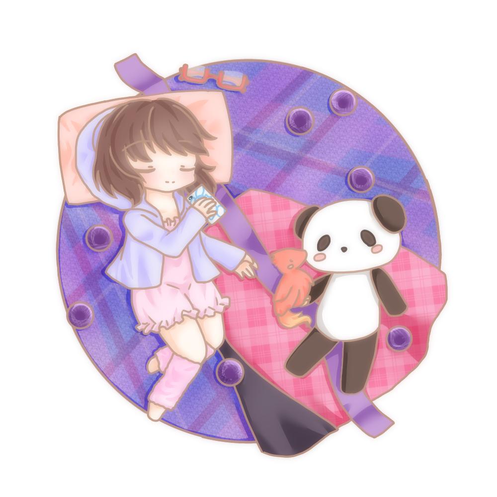 1girl barefoot cellphone coto_mugi frilled_skirt frills fujiwara_no_mokou_(phoenix) glasses hood hoodie leg_warmers occult_ball outside_border pajamas phone pillow purple_background round_image short_hair skirt sleeping sleepwear smartphone smartphone_case split_mouth stuffed_animal stuffed_panda stuffed_phoenix stuffed_toy touhou unworn_cloak unworn_eyewear usami_sumireko