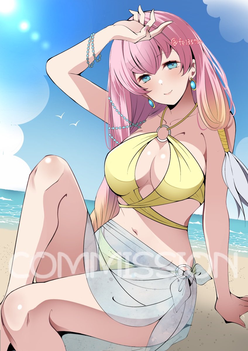 1girl alternate_costume bare_shoulders beach bikini bird blonde_hair blue_eyes blue_sarong blue_sky blush bracelet breasts cleavage closed_mouth cloud collarbone commission earrings fe135700 fire_emblem fire_emblem_heroes gradient_hair gunnthra_(fire_emblem) hair_ornament highres jewelry large_breasts long_hair multicolored_hair navel nintendo ocean one_eye_closed outdoors pink_hair sarong see-through_clothes see-through_sarong skeb_commission sky smile solo stomach swimsuit water yellow_bikini