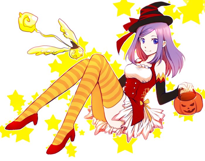 1girl 1other asukawvm basket black_hat black_sleeves blue_eyes colored_inner_hair creature cross d.gray-man detached_sleeves dress dress_ribbon feathered_wings golem_(d.gray-man) halloween_bucket hat hat_ribbon high_heels holding holding_basket legs lenalee_lee light_smile looking_at_viewer medium_hair multicolored_hair pumpkin purple_hair red_dress red_hair red_ribbon red_shoes ribbon shoes sidelocks sitting sleeveless sleeveless_dress star_(symbol) striped_clothes striped_sleeves striped_thighhighs tail thighhighs thighs timcanpy two-tone_dress white_background white_dress wings witch_hat yellow_ribbon yellow_star yellow_thighhighs zettai_ryouiki