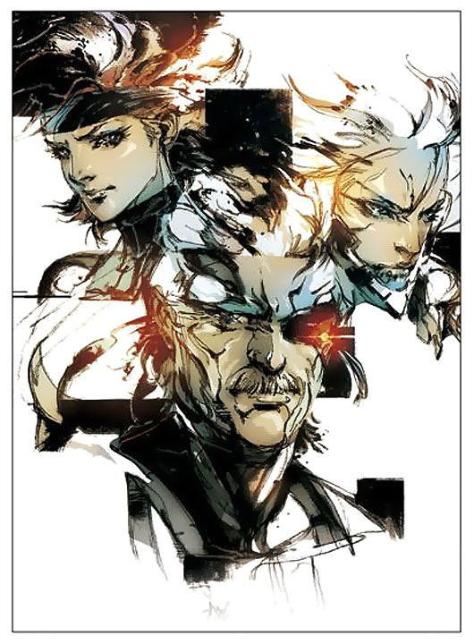 1girl 2boys bandana facial_hair headband meryl_silverburgh metal_gear_(series) metal_gear_solid metal_gear_solid_4:_guns_of_the_patriots multiple_boys mustache official_art old_snake raiden_(metal_gear) shinkawa_youji solid_eye solid_snake