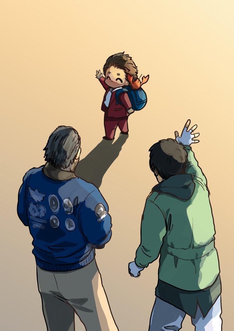 3boys ^_^ adachi_koichi animal arm_up backpack bag black_hair blue_bag blue_jacket brown_background brown_pants chibi closed_eyes cowboy_shot crab fingerless_gloves gloves green_jacket hood hood_down jacket kasuga_ichiban long_sleeves male_focus multiple_boys nanba_yu nug pants red_jacket red_pants ryuu_ga_gotoku_(series) ryuu_ga_gotoku_8 short_hair standing waving white_gloves white_pants