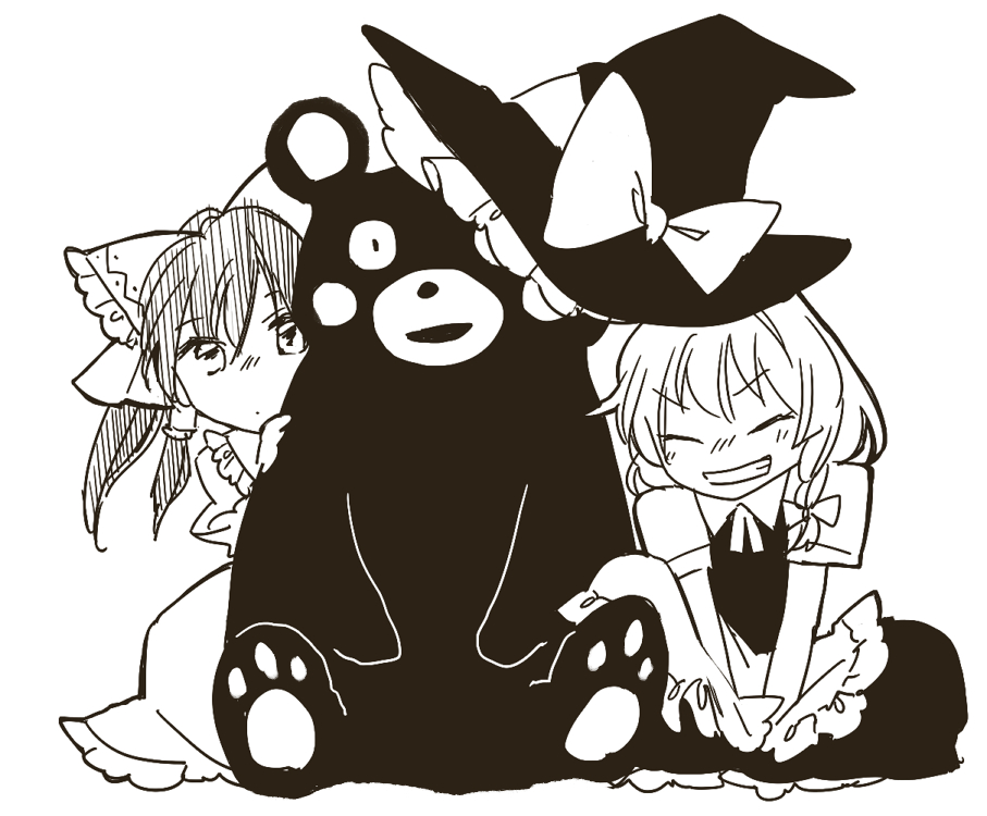 2girls aged_down apron bear bow braid child closed_eyes commentary_request detached_sleeves frilled_bow frills greyscale grin hair_bow hair_tubes hakurei_reimu hat hat_bow hiding hiding_behind_another kirisame_marisa kumamon light_blush long_hair looking_at_viewer monochrome multiple_girls neck_ribbon ribbon short_sleeves side_braid simple_background single_braid skirt smile touhou vest waist_apron white_background witch_hat yonu_(yonurime)