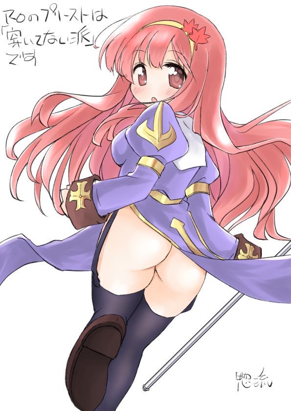 1girl :o ass black_thighhighs blush breasts brown_eyes brown_shoes commentary_request dress foot_out_of_frame garter_straps hair_ornament hairband holding holding_staff juliet_sleeves leaf_hair_ornament long_hair long_sleeves looking_at_viewer looking_back medium_breasts no_panties open_mouth pink_hair priest_(ragnarok_online) puffy_sleeves purple_dress ragnarok_online shoes simple_background solo sou_ryuu staff thighhighs translation_request white_background yellow_hairband