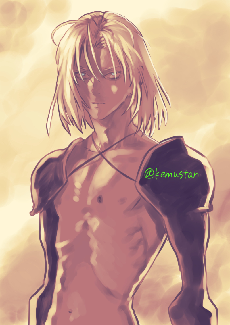 1boy armor blonde_hair blue_eyes expressionless gauntlets looking_at_viewer male_focus short_hair shoulder_armor solo sonomoto_shinzou_(natsume_kyouji) sydney_losstarot topless_male upper_body vagrant_story