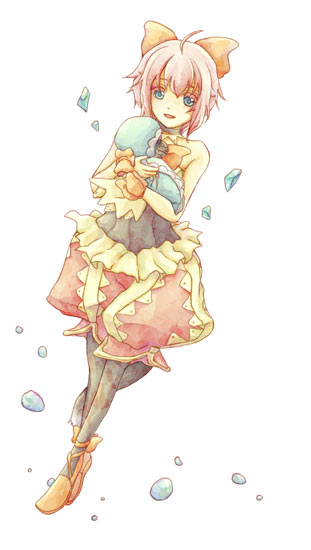 1girl ahoge bare_shoulders bell black_neckwear black_pantyhose black_shirt blue_eyes bow cat_tail choker commentary_request cross-laced_footwear crystal dutch_angle final_fantasy_crystal_chronicles:_echoes_of_time full_body gureepu hair_bow holding jingle_bell looking_at_viewer open_mouth orange_bow orange_shoes pantyhose pink_shorts sherlotta shirt shoes short_hair shorts silver_hair standing strapless tail tube_top white_background wrist_wrap