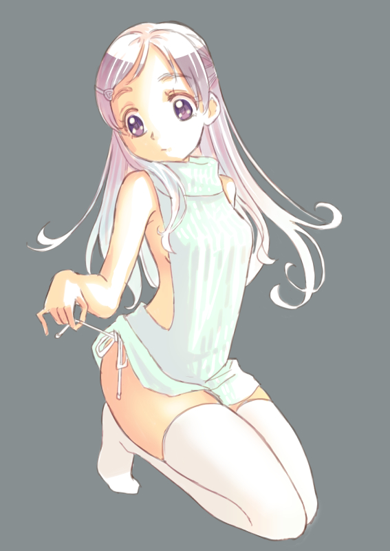 1girl commentary eyelashes futari_wa_precure grey_background hair_ornament hairclip jj_(ssspulse) long_hair meme_attire precure purple_eyes purple_hair simple_background solo sweater thighhighs thighs virgin_killer_sweater yukishiro_honoka