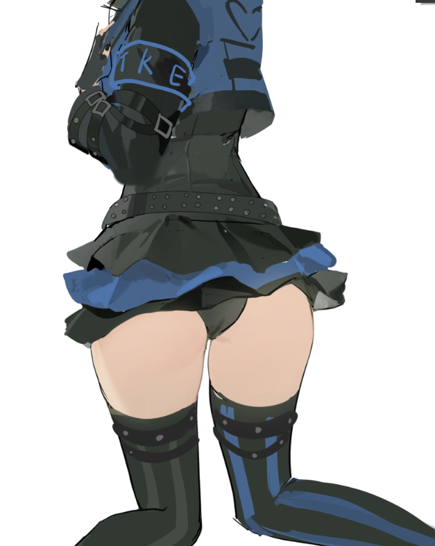1boy animal_hood ass ass_focus asymmetrical_legwear belt black_belt black_dress black_panties black_thighhighs blue_dress blue_thighhighs character_name cosplay crossdressing dress effole_(fairy_fencer_f) effole_(fairy_fencer_f)_(cosplay) fairy_fencer_f from_behind head_out_of_frame hood ike_eveland male_focus microskirt multicolored_dress nijisanji nijisanji_en panties pantyshot rabbit_hood simple_background skirt solo song_(v3wm9a701fvqjxf) striped_clothes striped_thighhighs thighhighs trap underwear vertical-striped_clothes vertical-striped_thighhighs virtual_youtuber white_background