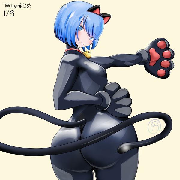 1girl animal_ears animal_hands artist_request ass blue_eyes blue_hair bodysuit breasts catsuit fake_animal_ears from_behind girlfriend_beta gloves huge_ass looking_at_viewer looking_back medium_breasts paw_gloves shiny_clothes short_hair sideboob skin_tight solo tail