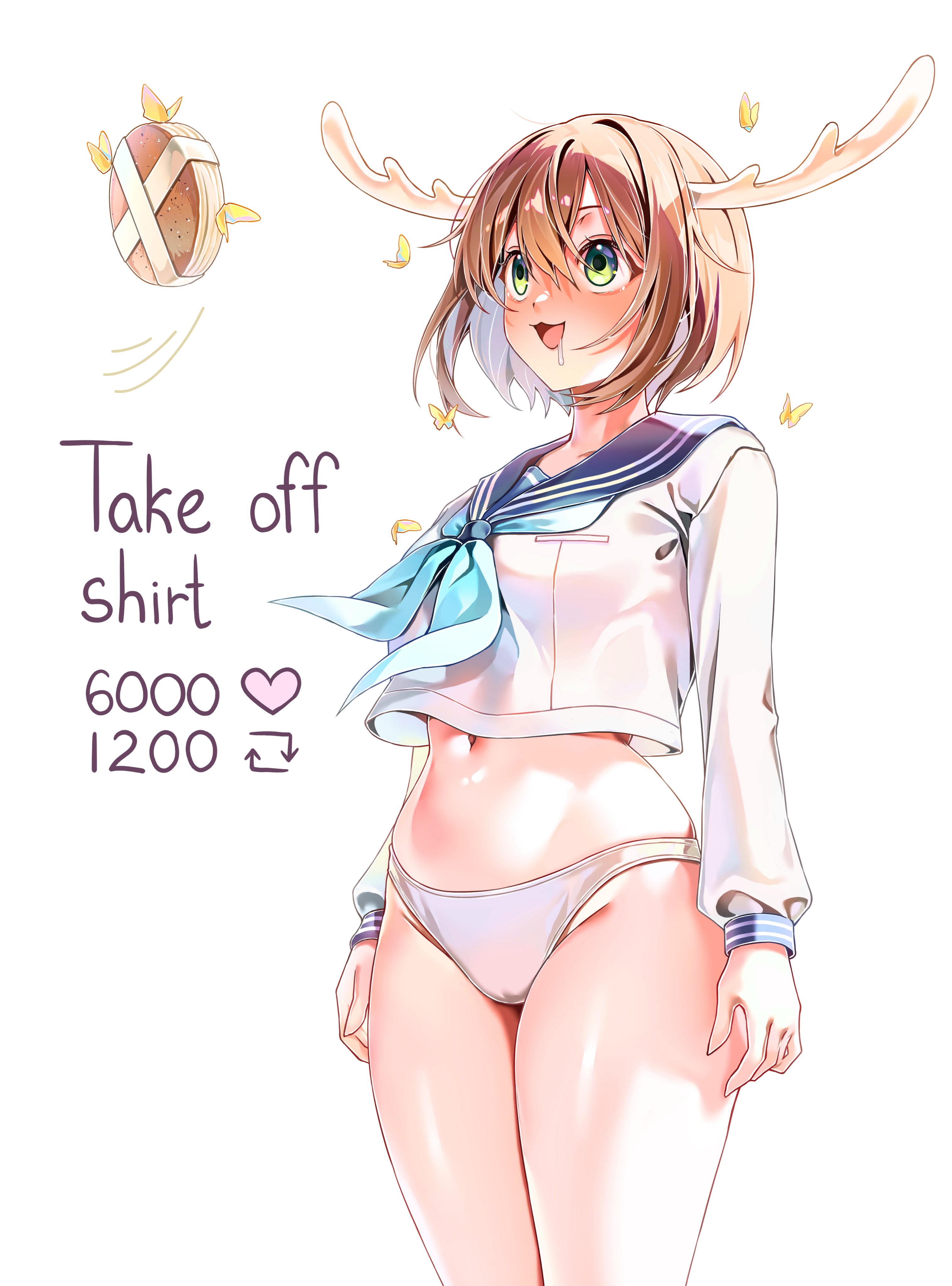 1girl :3 absurdres antlers aqua_neckerchief blue_neckerchief blue_sailor_collar blush brown_hair bug butterfly cameltoe commentary cowboy_shot deer_antlers deer_cracker deer_girl english_commentary english_text green_eyes highres horns insect long_sleeves machulanko navel neckerchief panties sailor_collar saliva school_uniform shikanoko_noko shikanoko_nokonoko_koshitantan shirt short_hair solo standing thighs twitter_strip_game underwear white_panties white_shirt