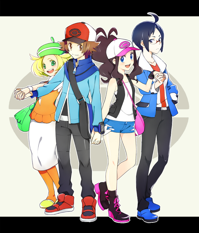 10s 2boys 2girls ahoge bag baseball_cap beret bianca_(pokemon) blazer blonde_hair blue_hair boots brown_hair cheren_(pokemon) denim denim_shorts glasses handbag hat hilbert_(pokemon) hilda_(pokemon) holding_hands jacket messenger_bag multiple_boys multiple_girls nintendo pantyhose pencil_skirt pokemon pokemon_bw ponytail saku_(pixiv526117) shoes shorts shoulder_bag skirt sneakers tmy0404 vest white_skirt